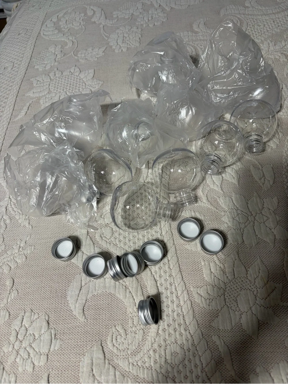 Clear Plastic Bulb Party Favor Bottles with Silver Caps - 11 bottles. 9 caps NEW